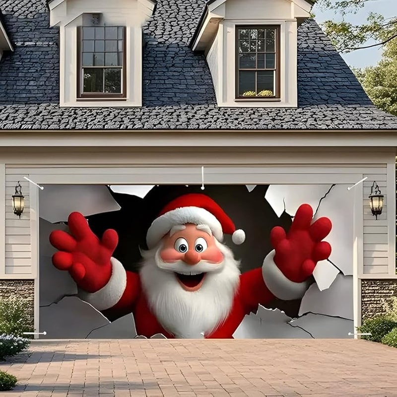 Christmas Garage Door Cover 240x180cm 3D Santa Claus Brick Wall Banner Indoor Outdoor Decor - Image 4